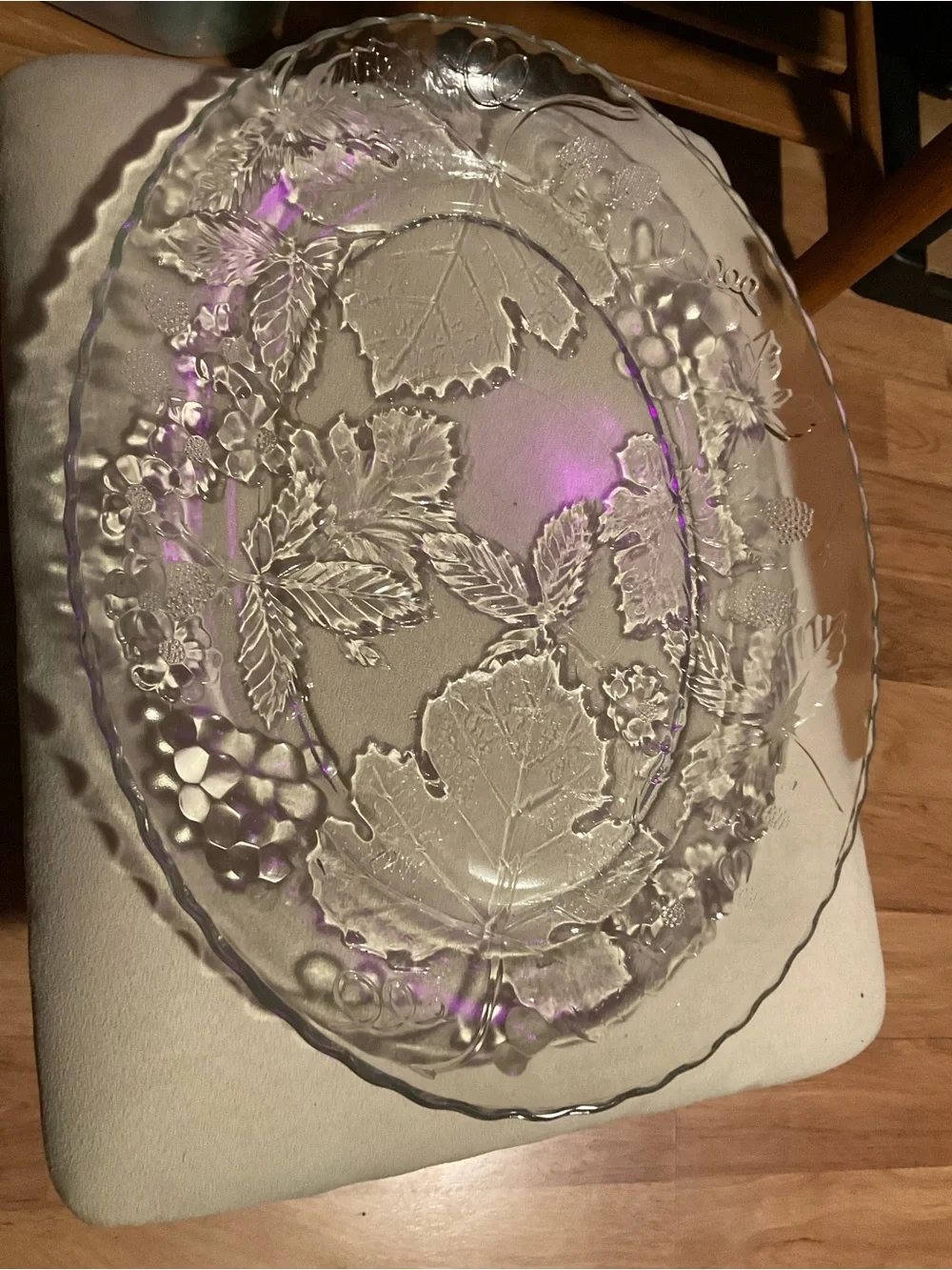 Oval Clear Glass Serving Platter with Leaf & Grape Relief